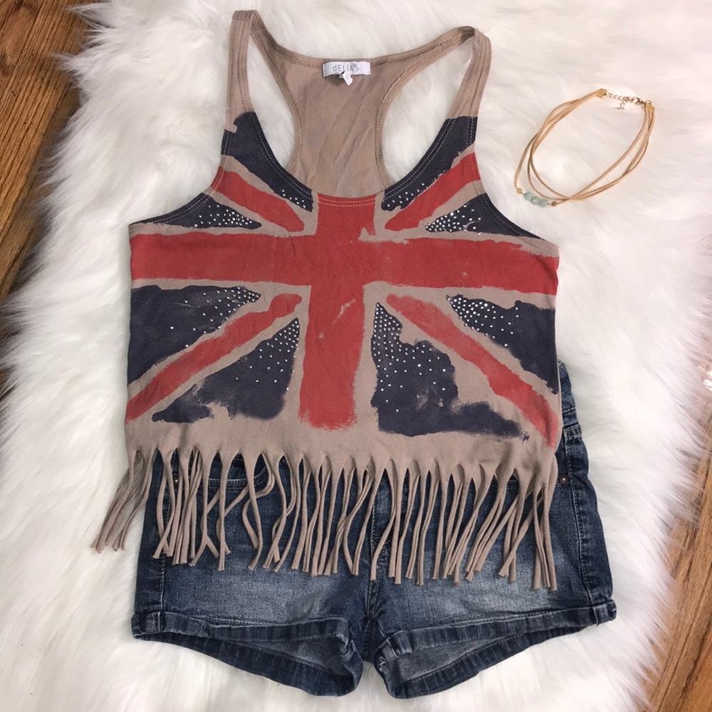 Delia’s Sz M London Union Jack fringe tank tan - Picture 2 of 7